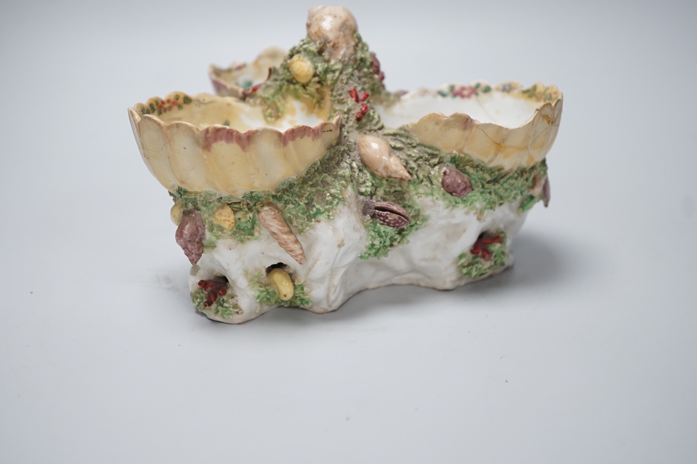 A Bow 'shell' sweetmeat centrepiece, c.1760, restored, 13cms high